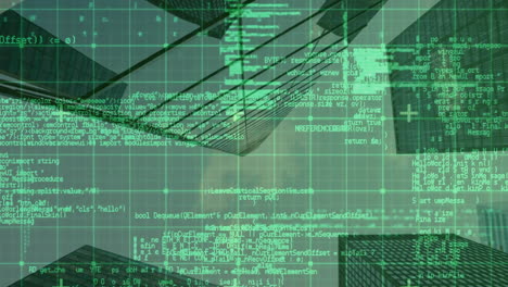 Data processing and computer code animation over city skyscrapers