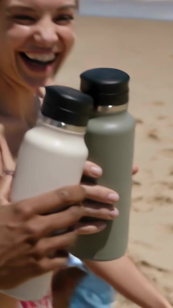Pystyvideo: Kilistelevä pariskunta lähestyy rantaa, kukkamekossa oleva nainen kohottaa maljaa vesipulloilla.