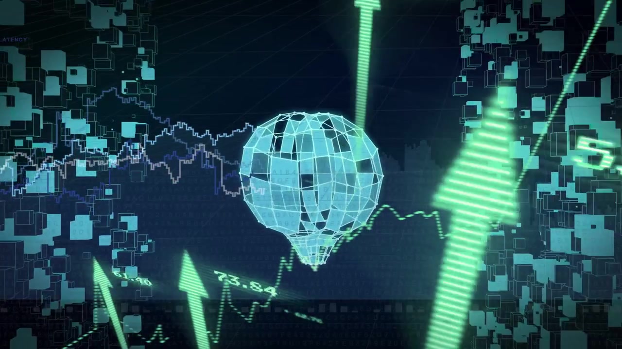 On spike wireframe balloon rotating, green arrows rising and labels updating to show market gains