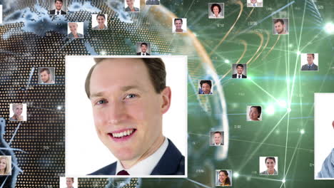 animation of globe of network of connections with people's photos