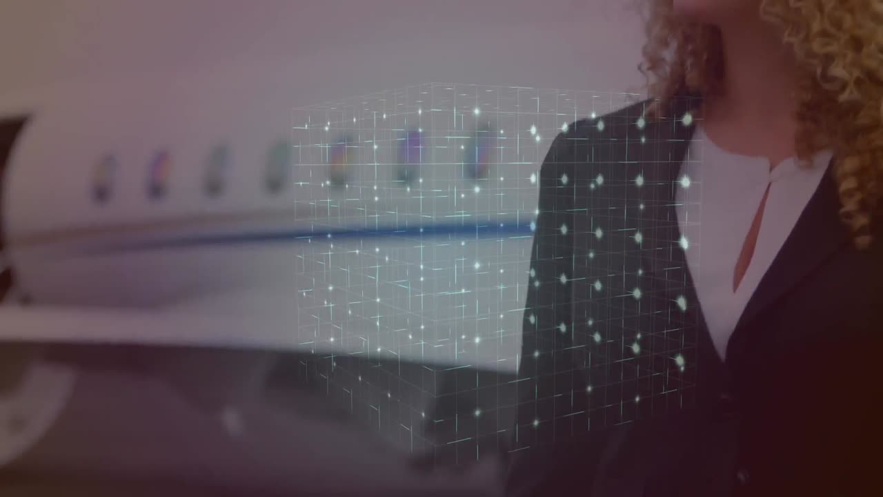 animación de la red de conexiones sobre la mujer de negocios caucásica en el aeropuerto