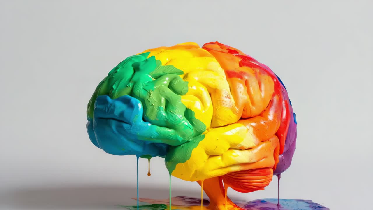 Colorful paint dripping down multicolored brain model, representing mental diversity, psychological wellness, neurological complexity against clean white surface