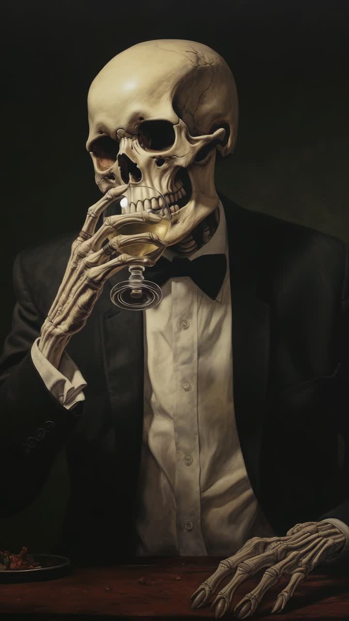 A skeleton in a tuxedo drinks wine, captured in a dramatic, low-angle shot