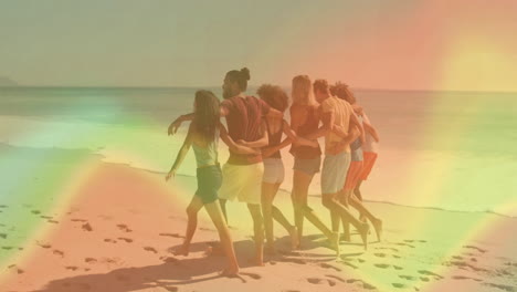 friends walking barefoot along shoreline, showing animated footprints overlaying beach tourism data