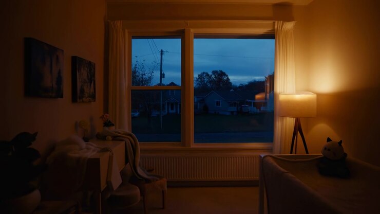 Fredfyldt stue med store vinduer og væglamper i skumringen, hyggelig indretningsscene med træmøbler og struktureret vægmaling, boligindretning med varm belysning og rolig atmosfære.