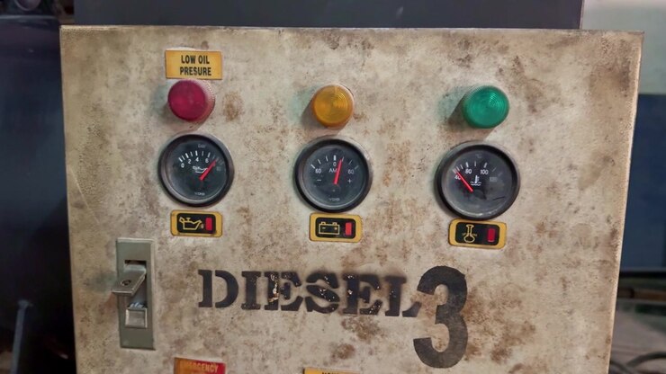 Elektrisk kontrolpanel på en generator, industrielt udstyr med analoge målere og indikatorer
