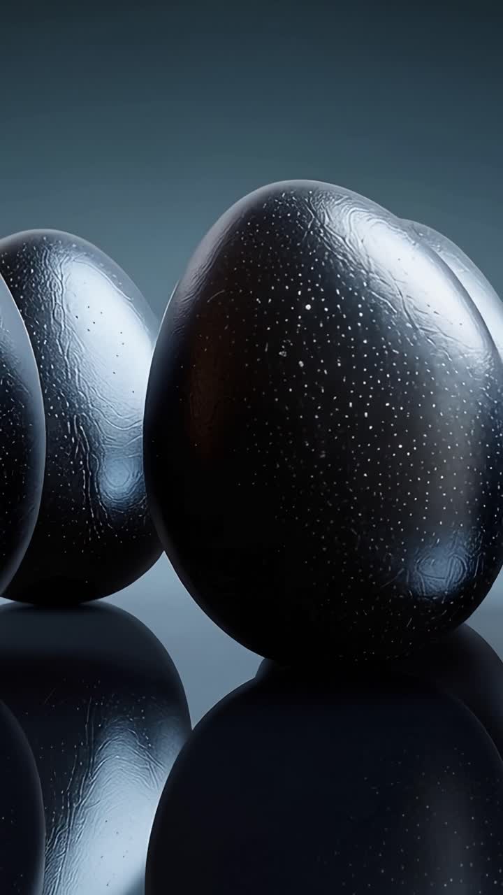 Artistic Display of Black Decorative Eggs Reflecting Light on a Smooth Surface, Showcasing Texture and Unique Patterns in a Modern Aesthetic Environment