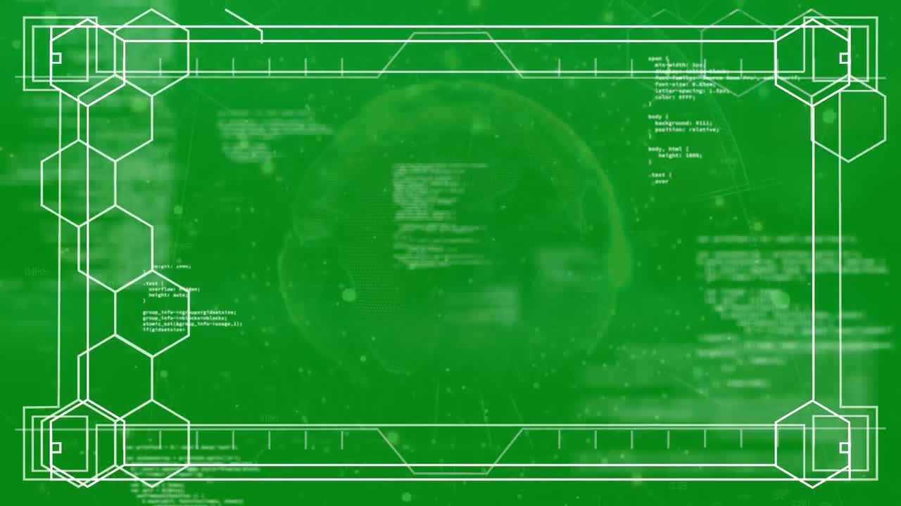 Lots of hexagons drawing beehive while framed is formed. It's a green background with  ball on cent