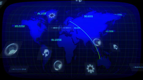 Animation of world map with data points and trajectory lines on digital interface