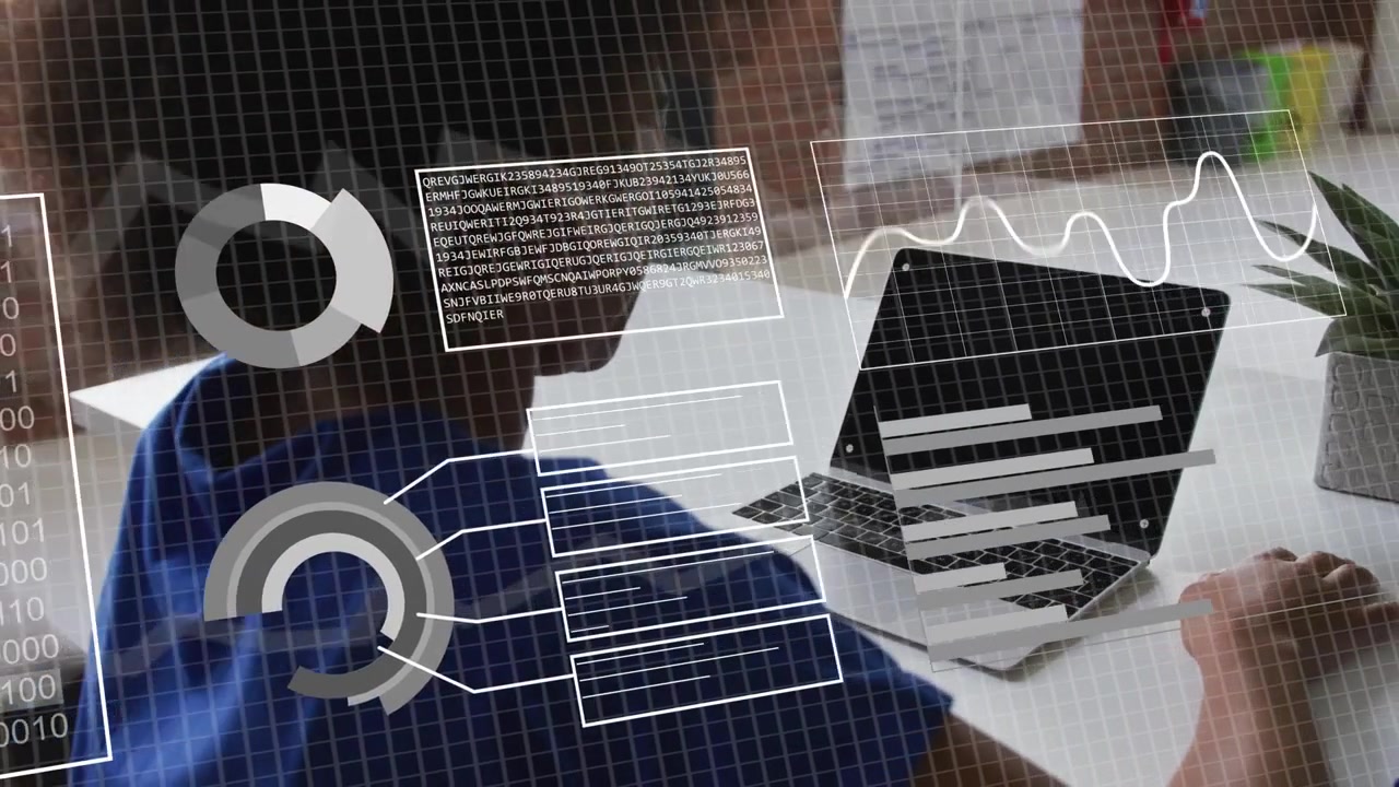 Woman sitting at desk reaching laptop as data overlays appearing, collecting and analyzing charts