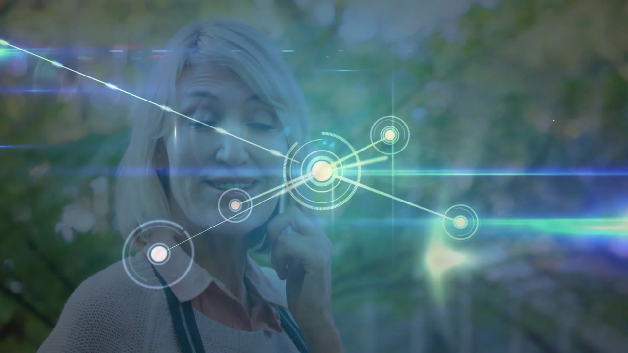 Mature woman holding smartphone initiating glowing tech network visualizing connections across deck