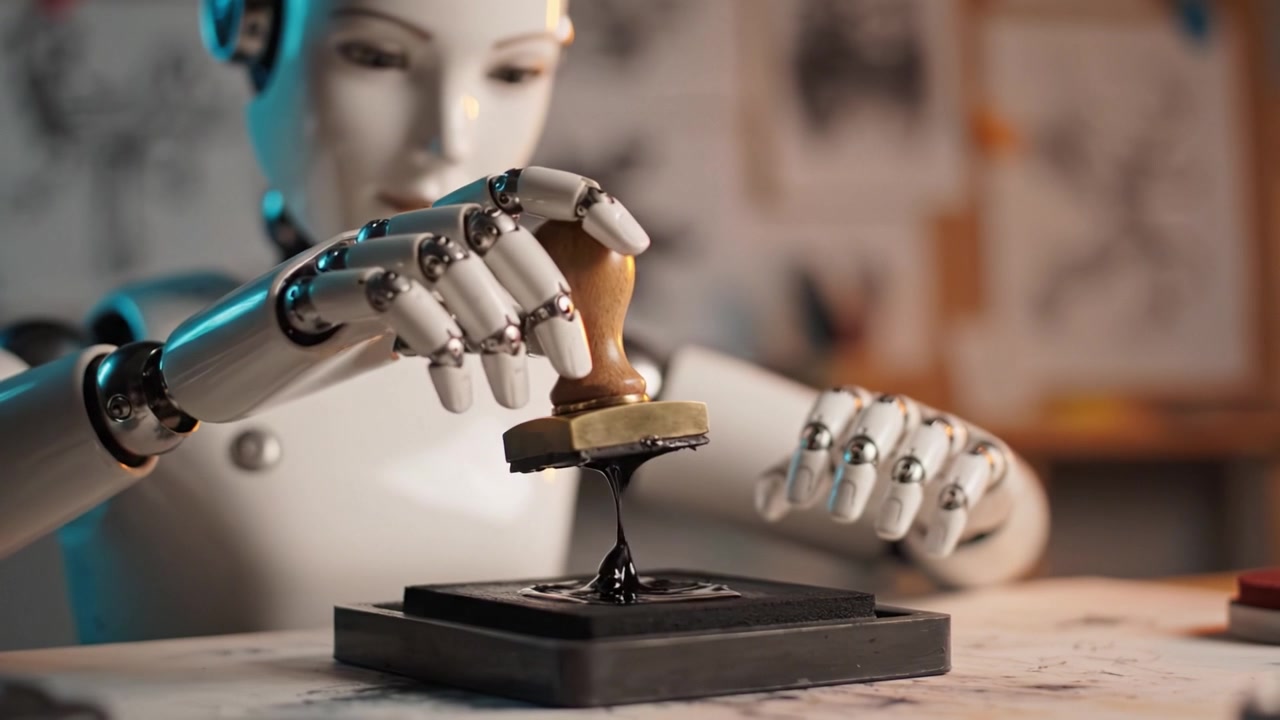 En humanoid robot forbereder sig omhyggeligt på at stemple med en stempelpude, hvilket viser avanceret teknologi og kunstnerisk udtryk i et roligt arbejdsmiljø