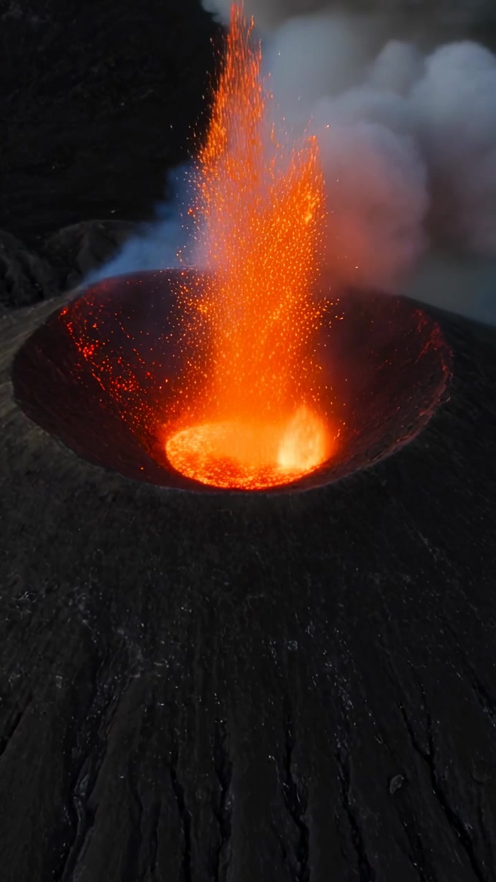Vertical video: Releasing molten pool gas, crater at summit sending lava fountain and ash plume