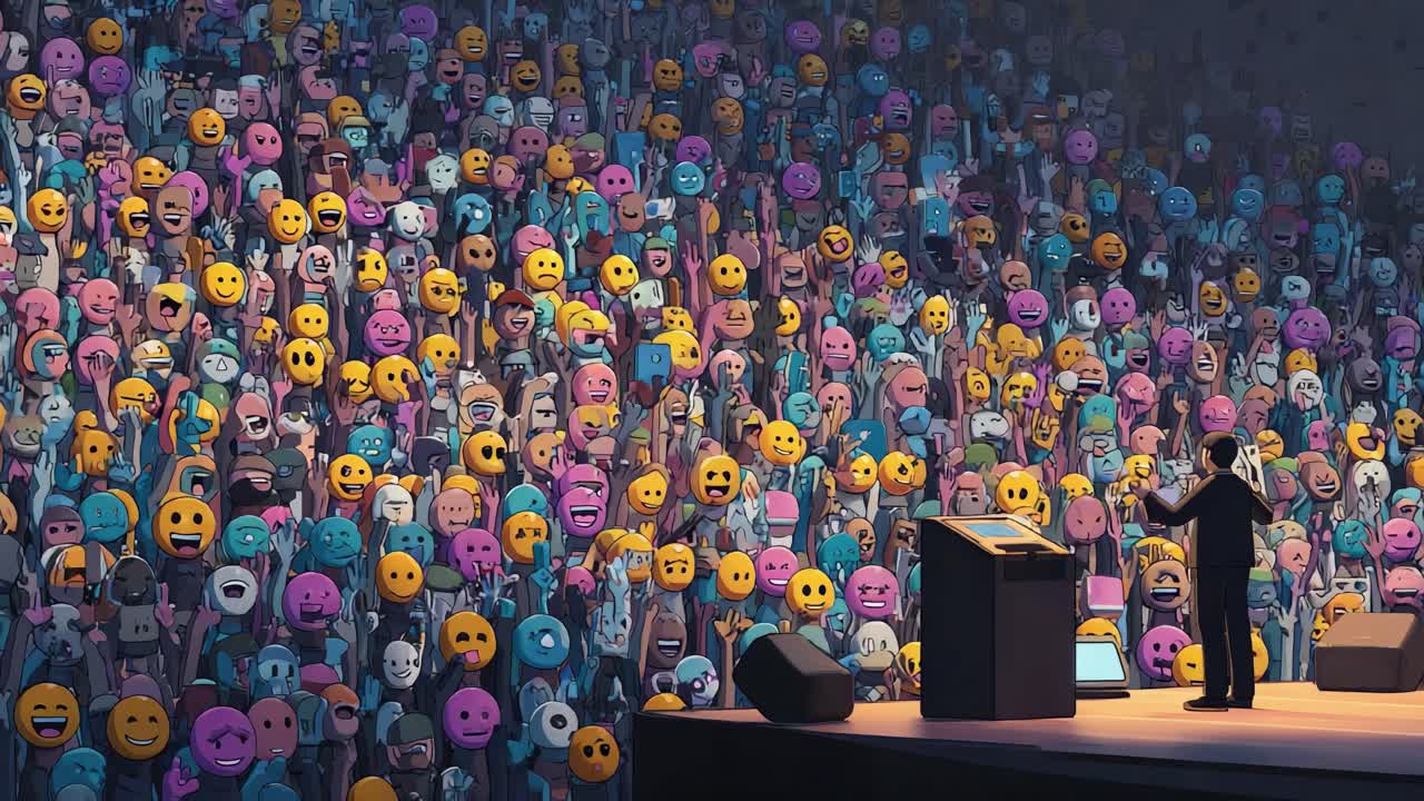 A vibrant gathering filled with animated emojis cheering enthusiastically during a passionate speech, showcasing a diverse audience engaged in a lively interaction from the stage of a grand event