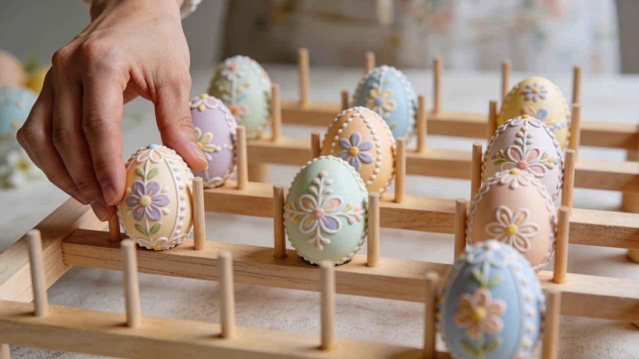 Adult hand approaching from left placing decorated pastel egg into peg rack arranging craft display