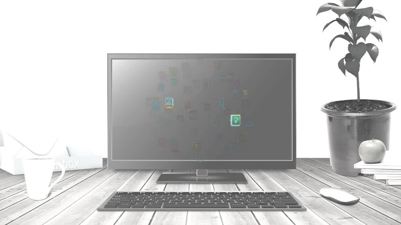 책상 위의 컴퓨터 화면에서 미디어 아이콘 네트워크의 애니메이션