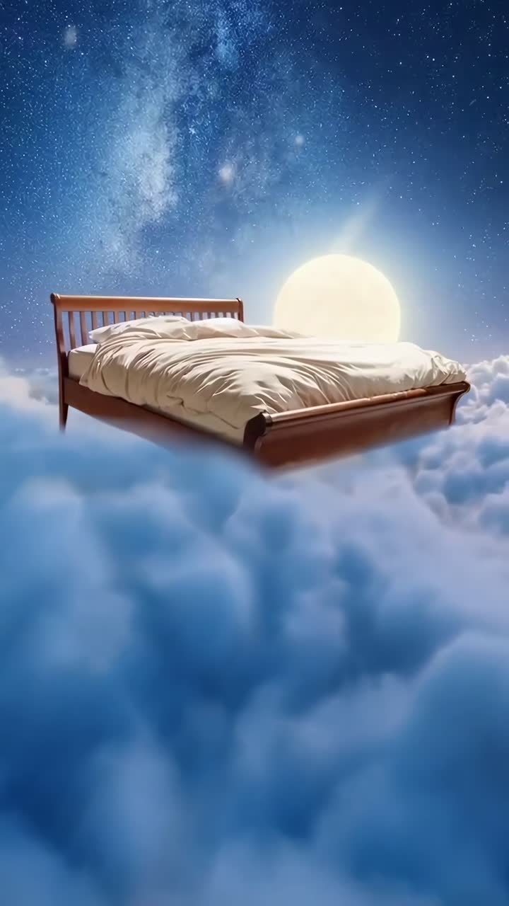 Konsep video sureal tentang tempat tidur mengambang di atas awan di bawah langit bertabur bintang, diambil dari sudut rendah.