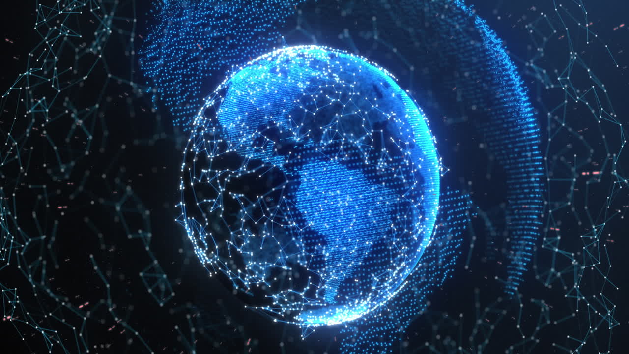 Animation of rays moving over illuminated connected dots forming globes