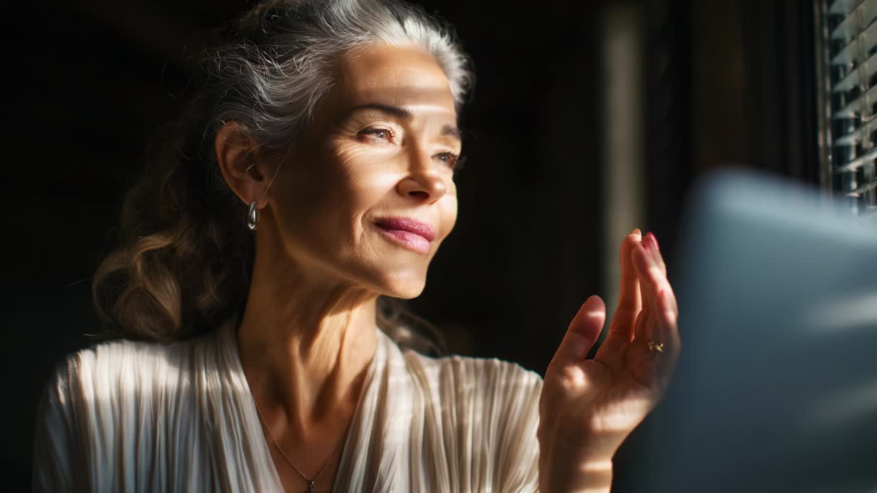 A serene and contemplative moment captured in soft light, showcasing an older woman's reflection as she gazes thoughtfully through window blinds, embodying wisdom and grace in an intimate setting