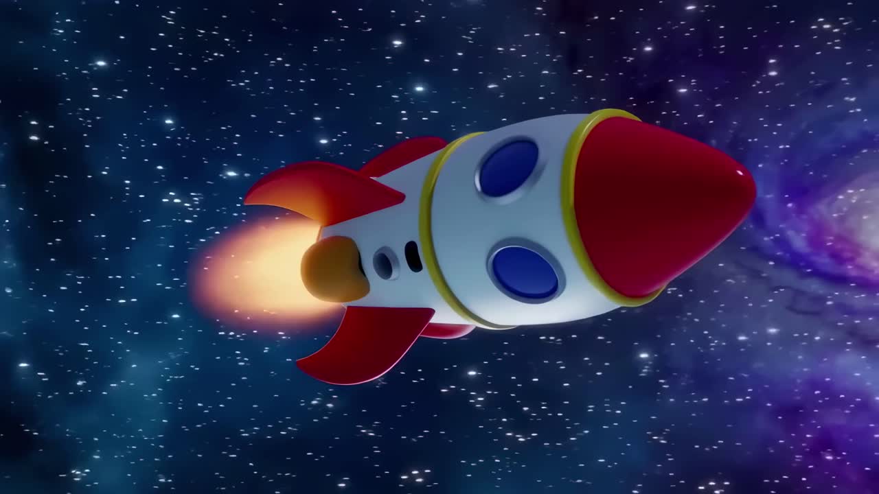 Rendering in 3D di un razzo che sfreccia nello spazio, ripreso da un angolo laterale