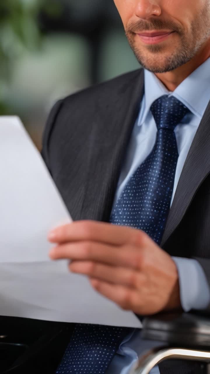 Un professionista in abito esamina documenti: concentrato su intuizioni importanti e sulla preparazione per decisioni future con fiducia e serietà.