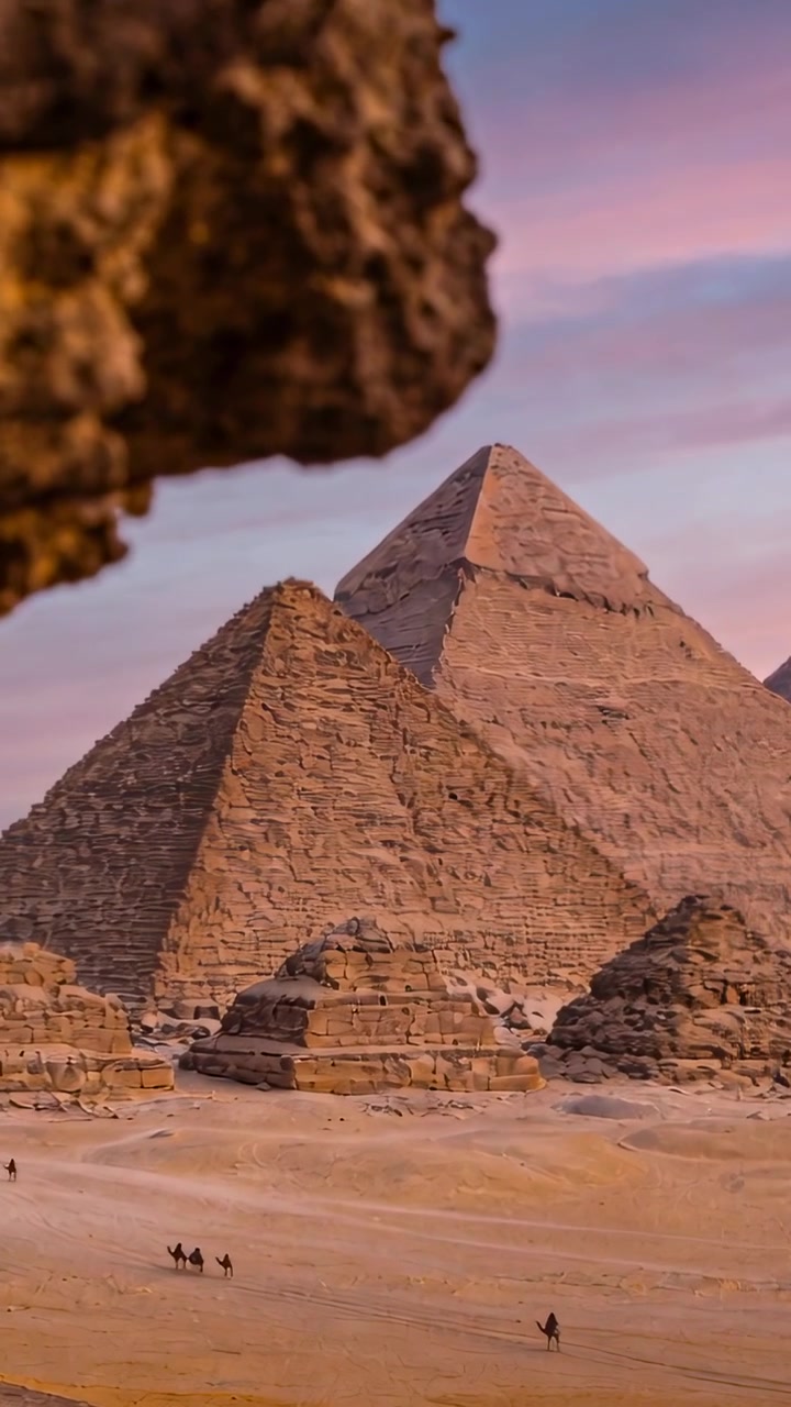 Vertikální video: Kamera panoramaticky ukazuje jezdce na velbloudech u pyramid, jak se jako skupina s průvodcem pohybují přes písek.