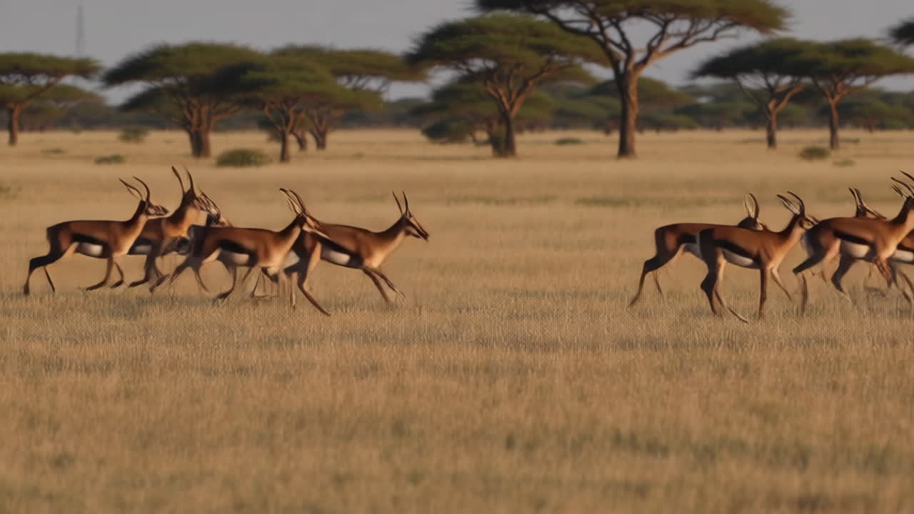 Group of Springbok Gazelles Running in Savanna