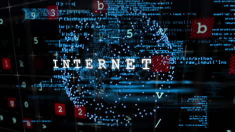 digital data and code processing animation over rotating globe with numbers