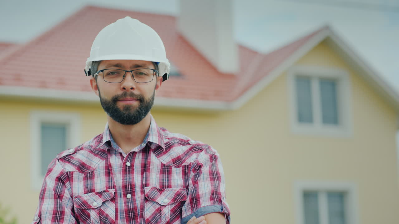 retrato de una brigada en un casco en el fondo de una casa de campo moderna profesional en la construcción de ac