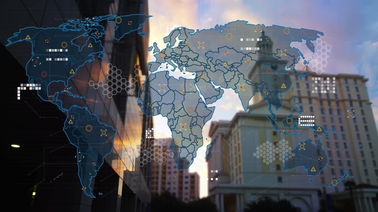 animación de la interfaz digital sobre el paisaje urbano