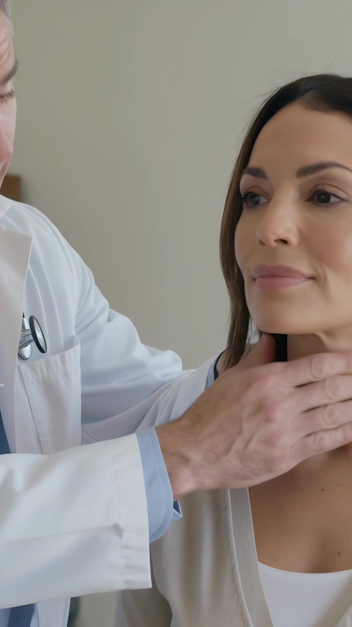 Video verticale: Paziente che reagisce, con il mento sollevato, mentre il medico in camice bianco le palpa il collo con lo stetoscopio in clinica.