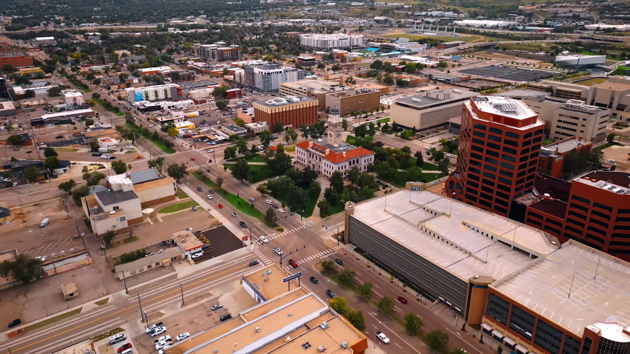 Colorado Springs, USA, 22 July 2025: Varied urban landscape of modern Colorado Springs, Colorado, USA. Lively scenery of city from drone footage
