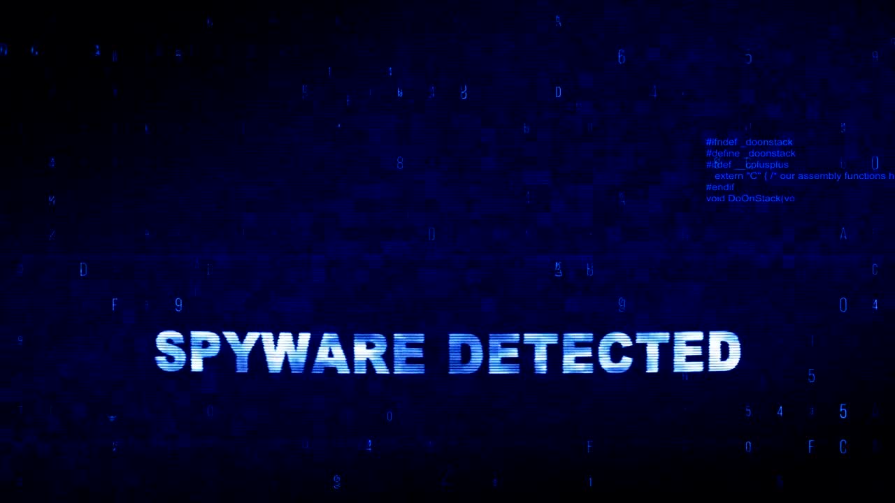 spyware detectado texto ruido digital contracción glitch distorsión efecto error animación de bucle.