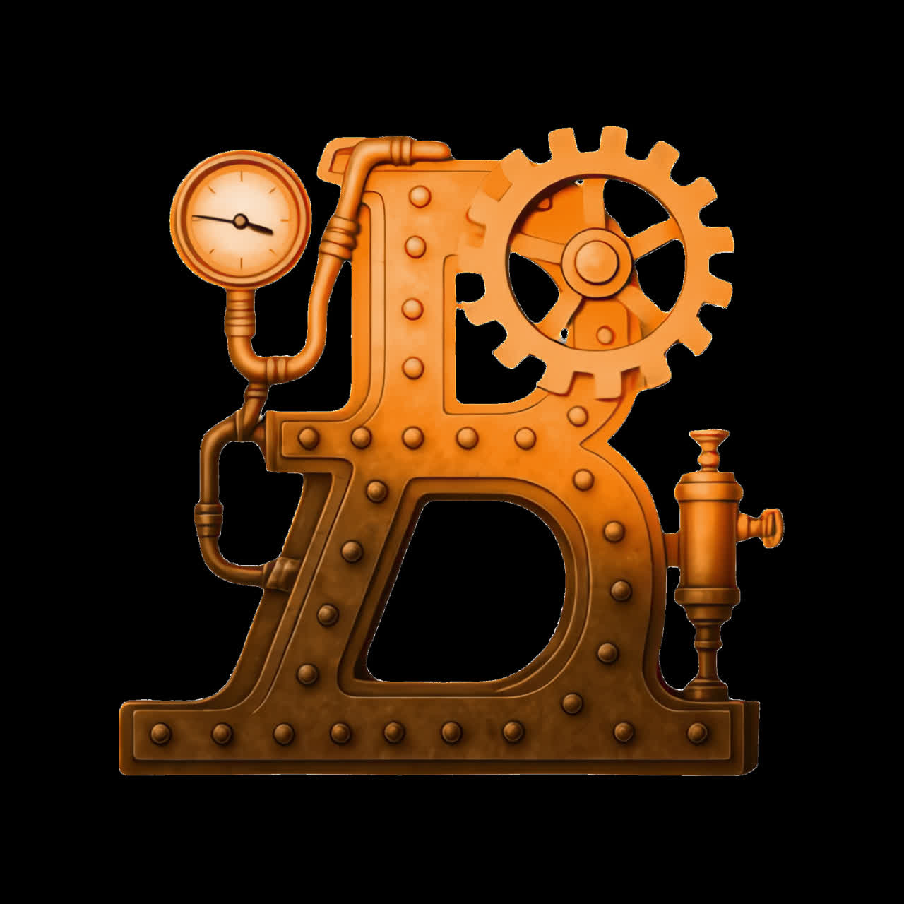 Animace písmene B ve steampunkovém designu jako izolovaný prvek, transparentní 4K video, alfa kanál, ProRes 4444