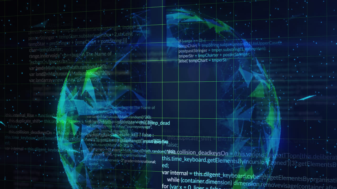 Animation of data processing and globe on black background