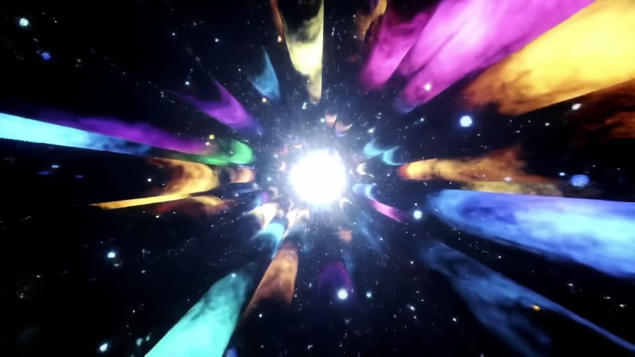 A Stunning Visual Journey Through a Cosmic Tunnel of Light and Color, Showcasing Vibrant Patterns Emanating from a Central Radiant Source in an Infinite Universe