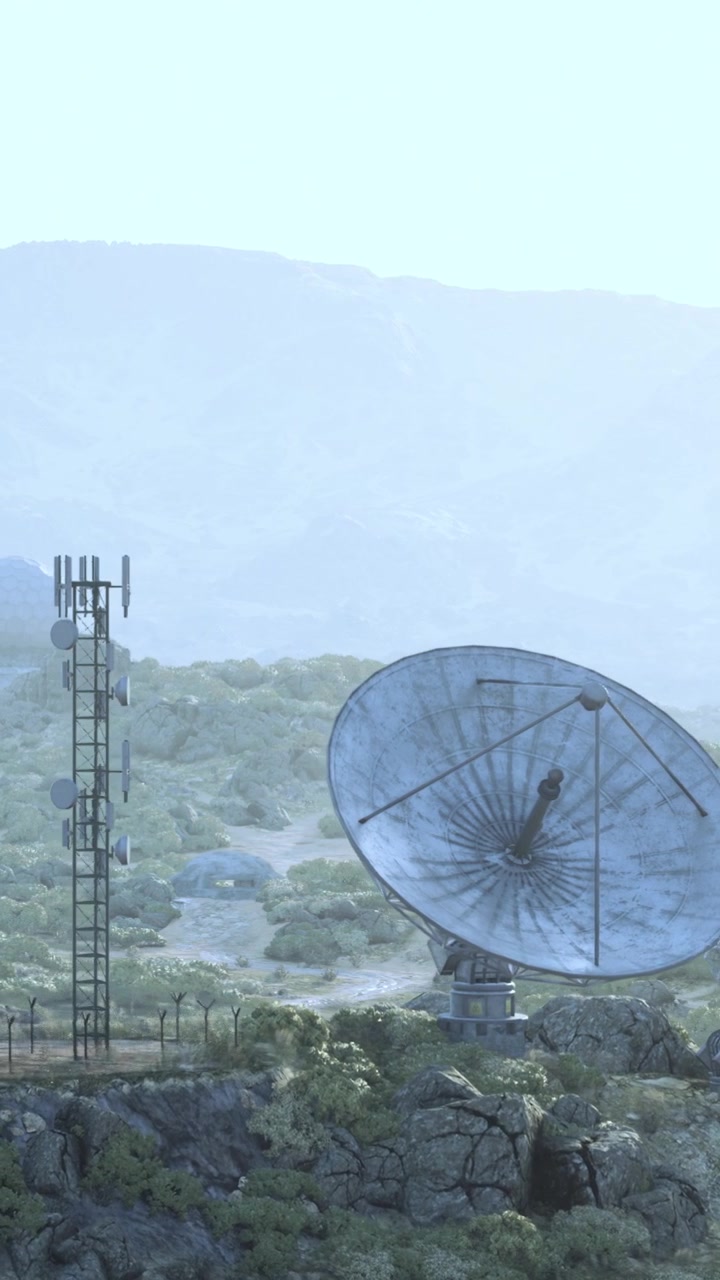 Grande parabola satellitare presso una stazione di comunicazione vicino alle montagne di giorno.