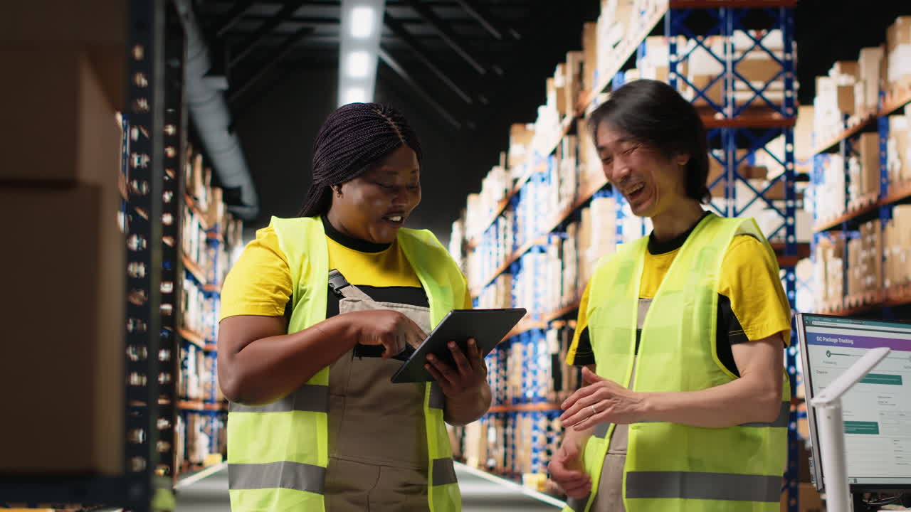 Vertical Video Diverse staff members using tablet for order processing and fulfillment