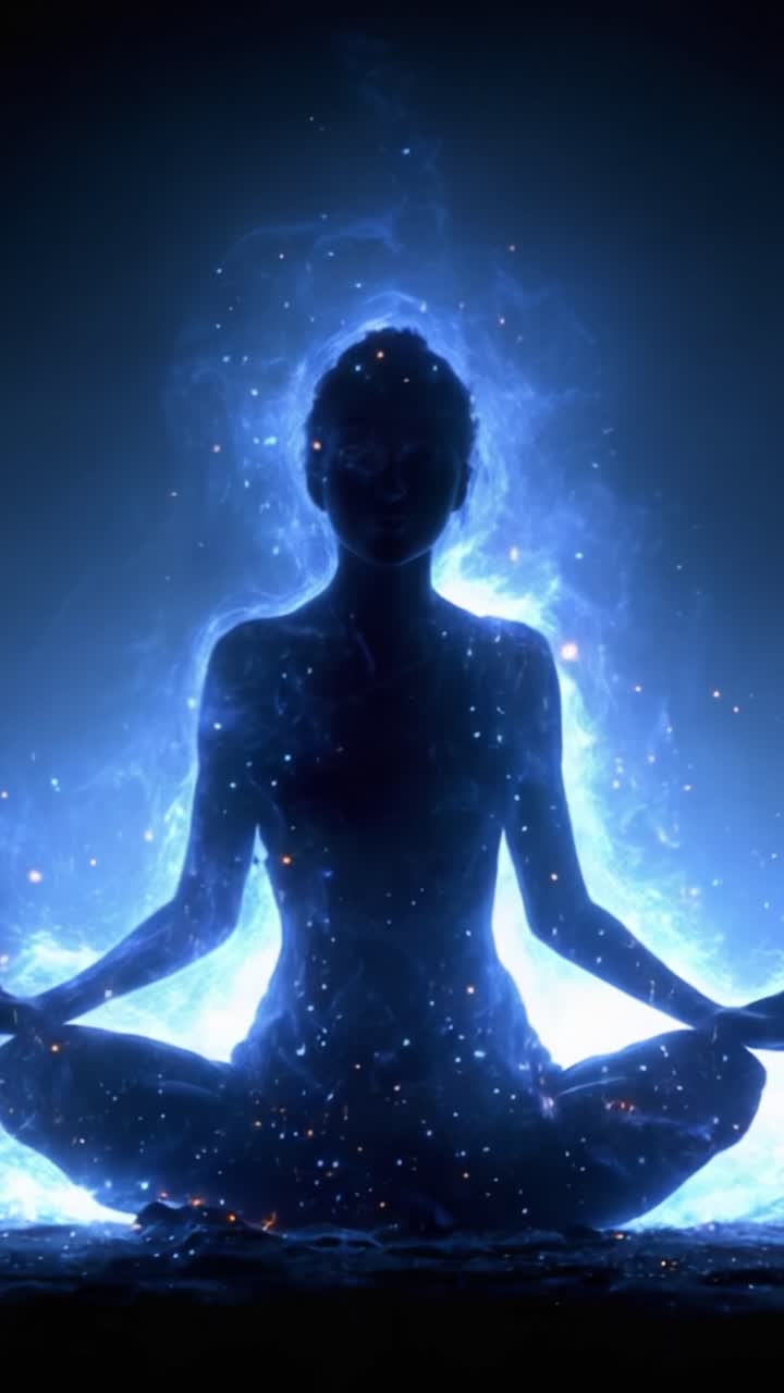 Un Viaggio Mistico nell'Energia Cosmica: Una Silhouette che Medita tra un'Aura Celeste di Stelle e Luce in un Ambiente Tranquillo ed Etereo.