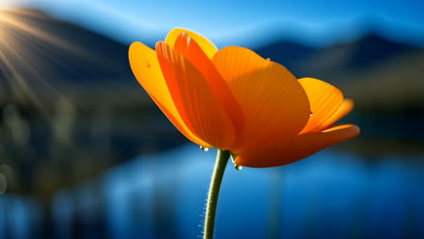 orange flower with morning dew and sunrays by a mountain lake