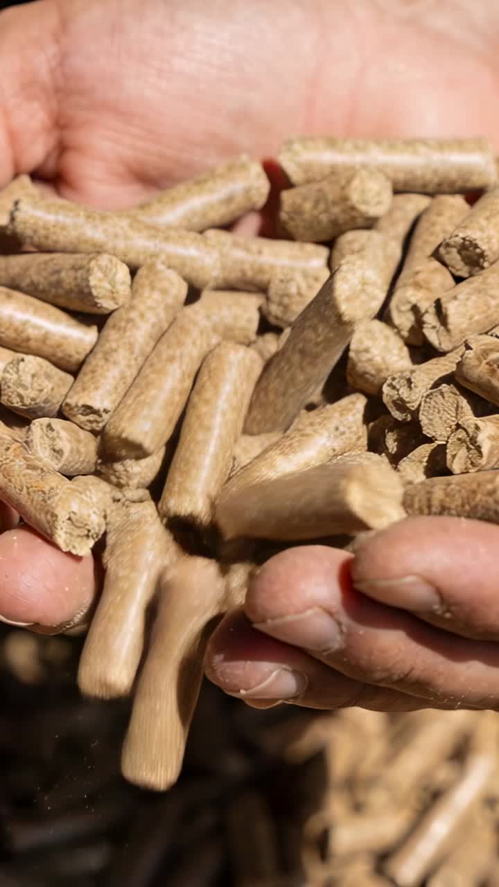 Vertical video: Tilting farm hands after cupping, testing pellets in sunlit bin, dust rising