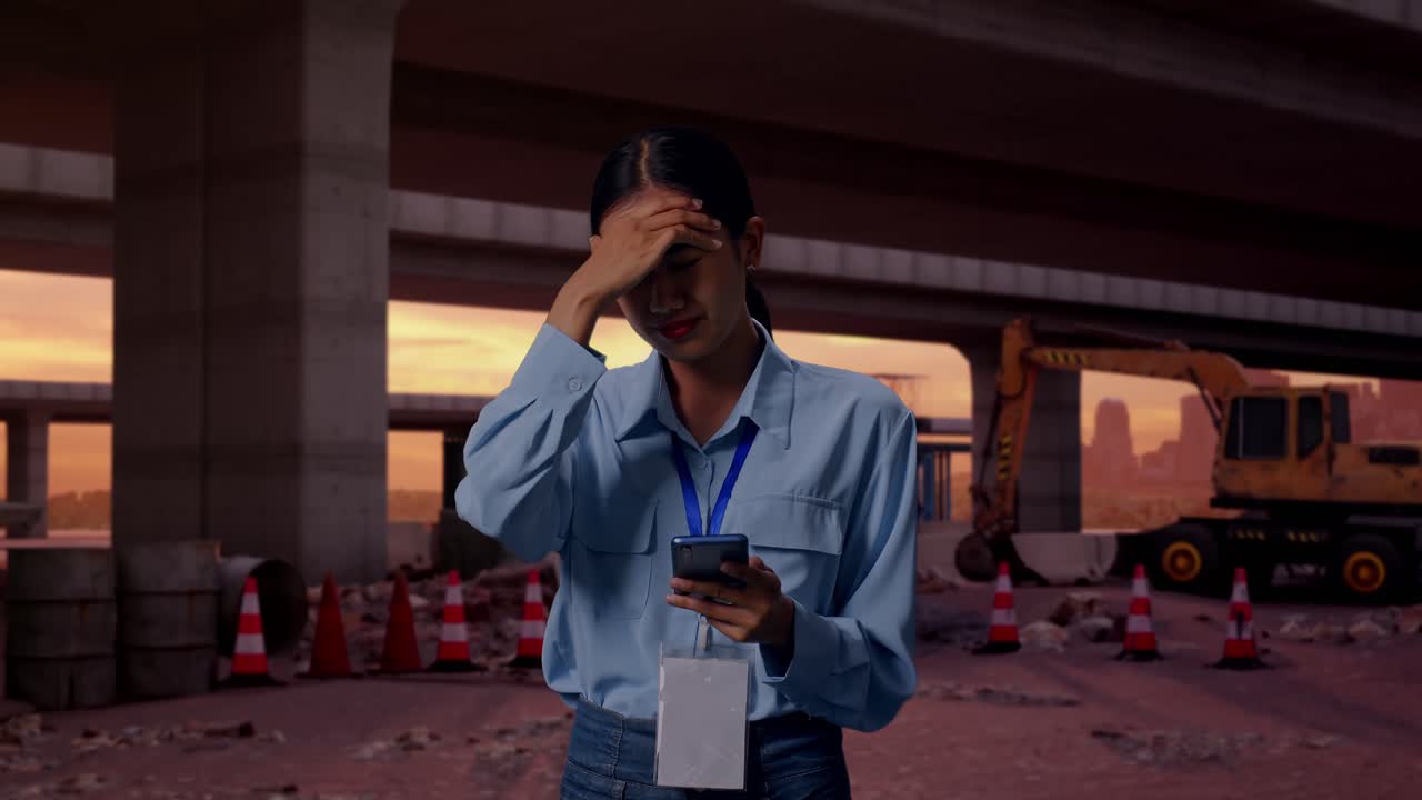 Asian Female With Her Smarphone At The Site of Highway Construction, She Is Nodding Her Shead With Dissapionted
