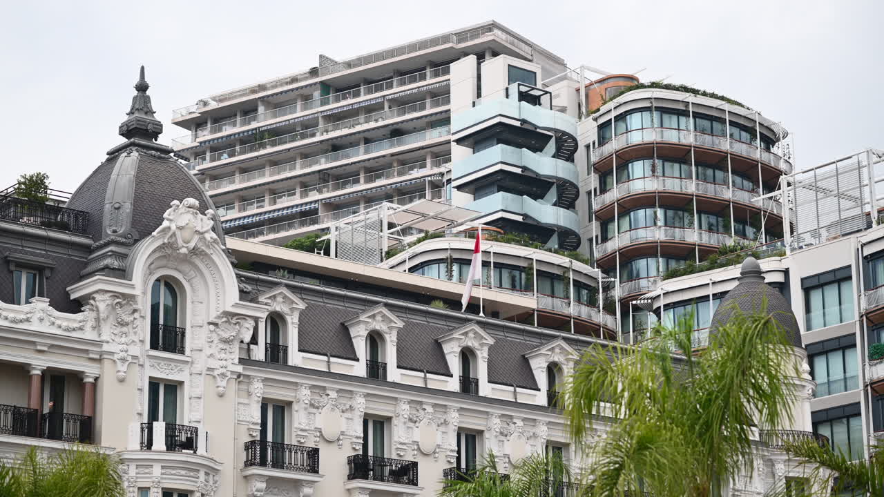 Buildings in Monte Carlo district downtown with green palm trees, Monaco
