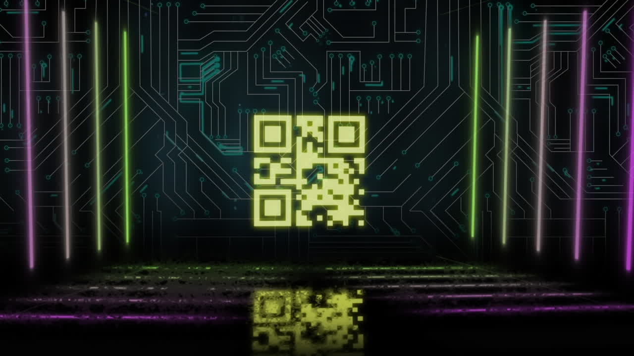 QR code scanner with neon elements against microprocessor connections
