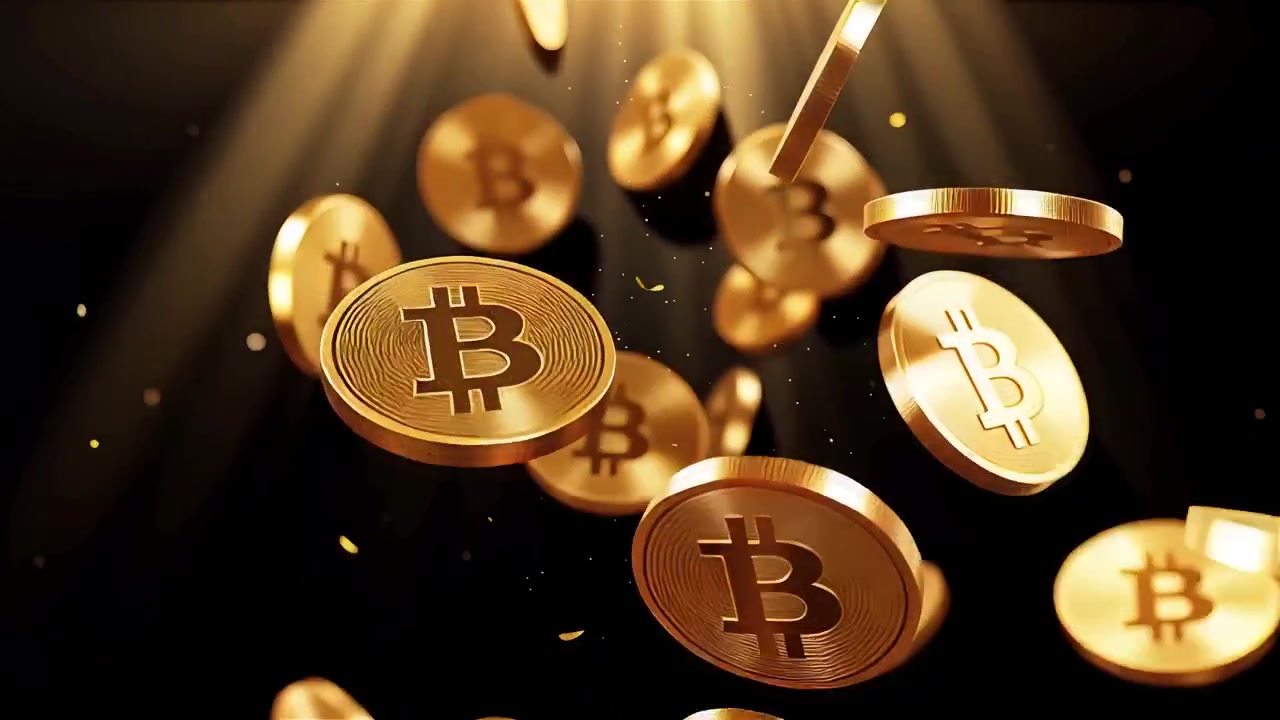 Bitcoin in rotazione su sfondo nero drammatico 4k