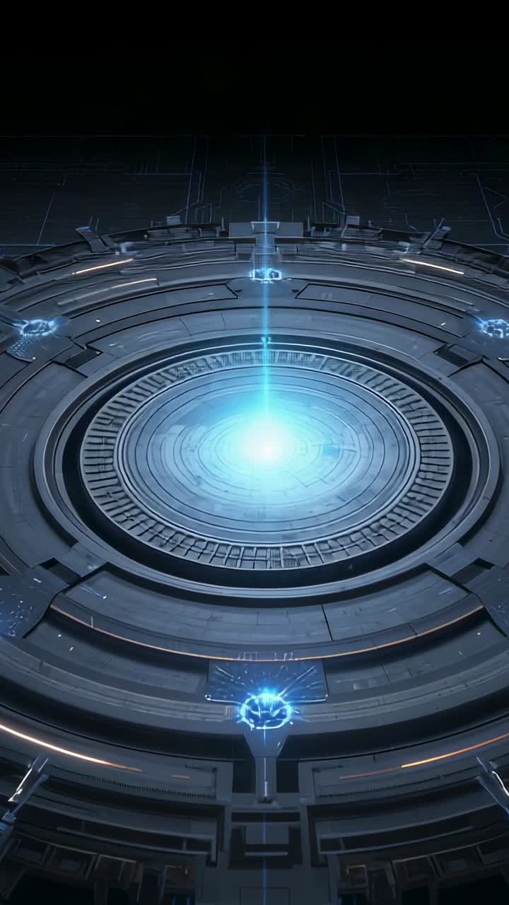 Vertical video: Forming blue point, metal platform firing beam, powering core and ring nodes in lab