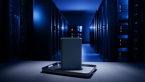 portable device in a blue lit server room