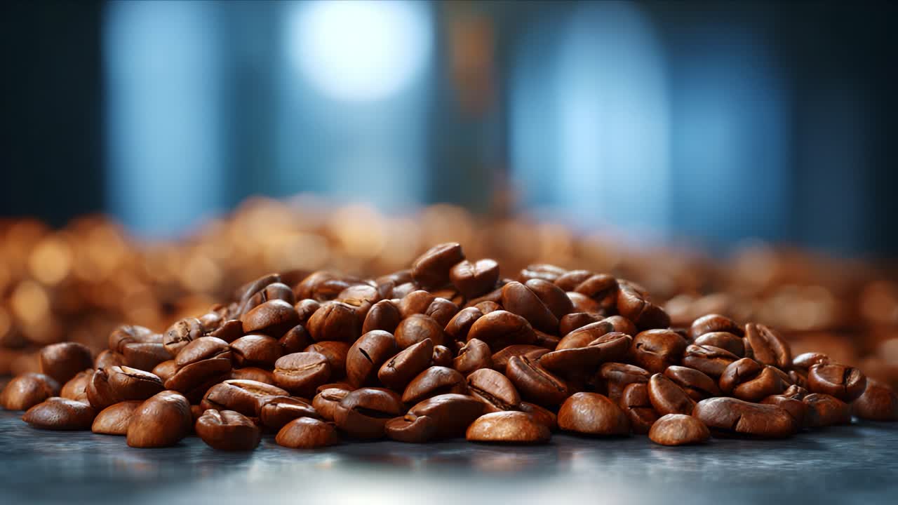 Primo piano di chicchi di caffè luccicanti impilati, che ne evidenzia il colore intenso e la consistenza, per un'esperienza sensoriale dell'aroma del caffè appena tostato