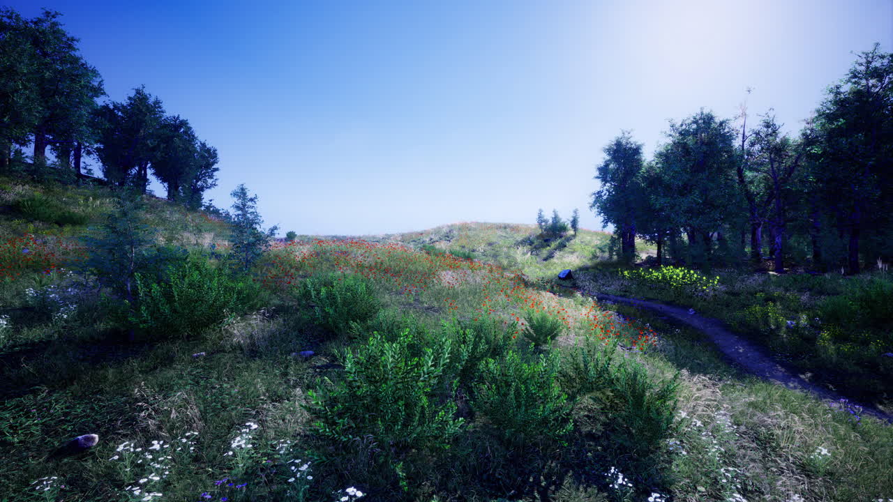 Vibrant spring landscape with blooming flowers and winding path in countryside