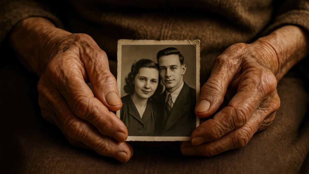 Close-up shot of elderly hands holding a vintage photo, capturing nostalgia and history